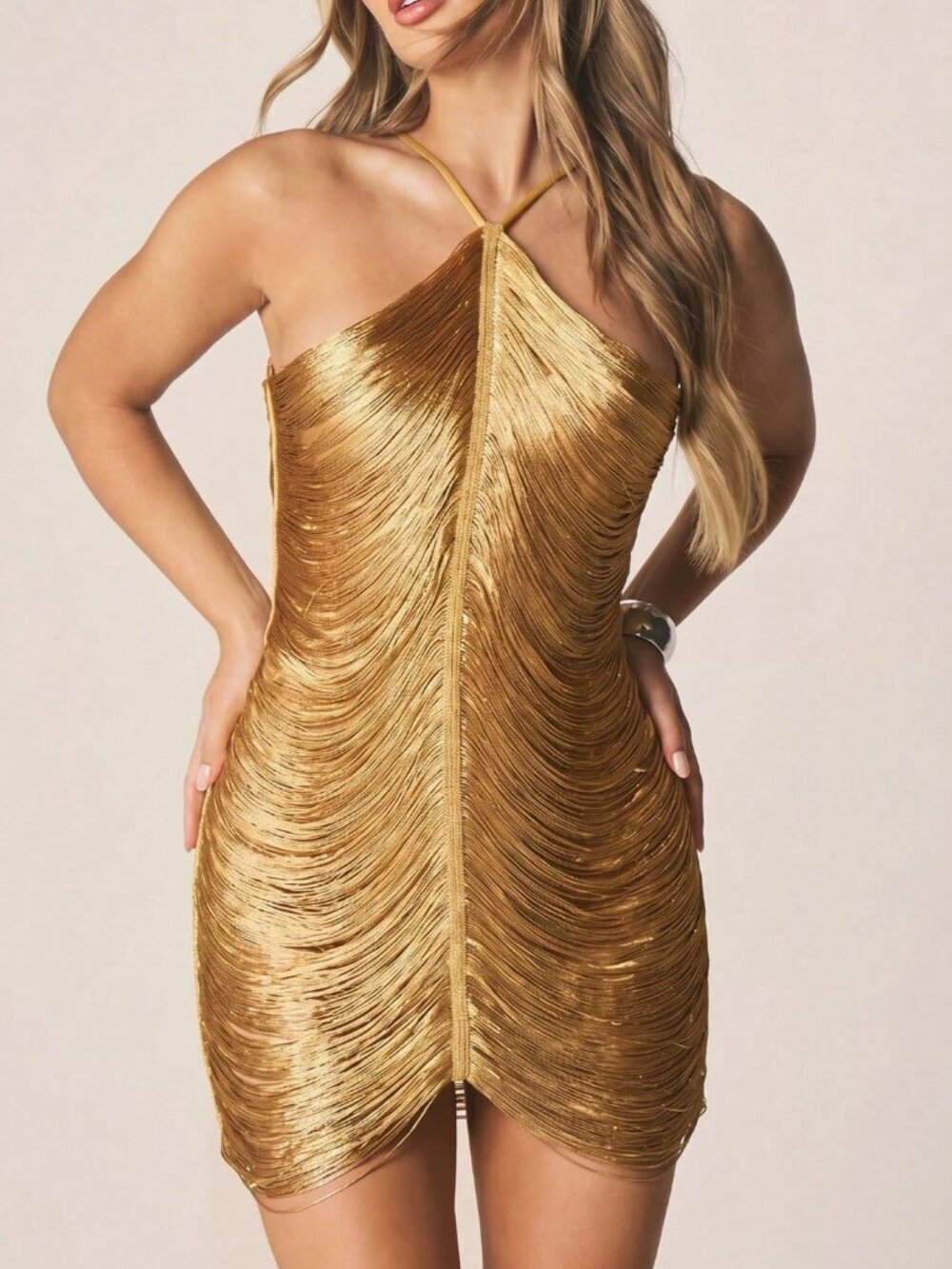 Gold Metallic Fringe Women's Mini Dress with Halter Neck